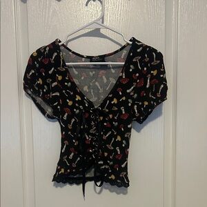 Stylish Black Mushroom Print Lace-Up Blouse